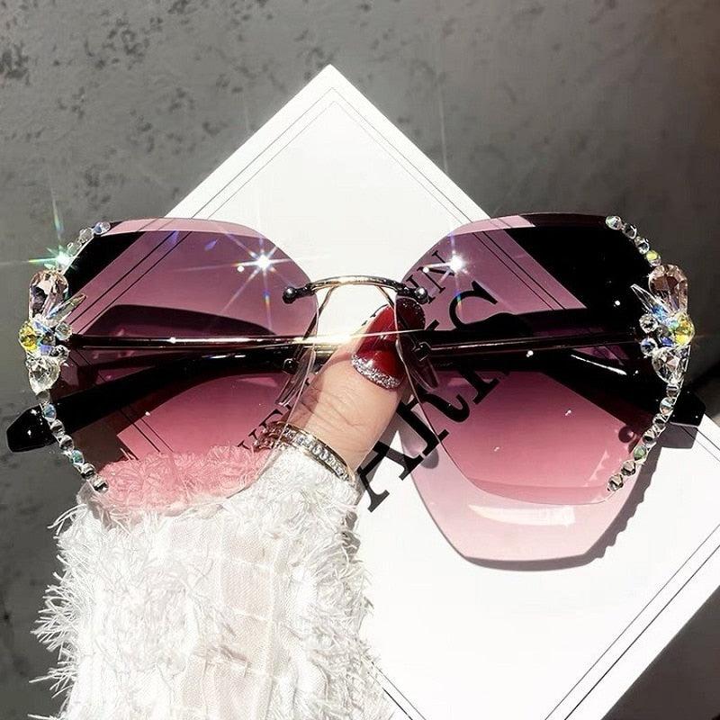 Rimless Gradient Lens Rhinestone Sunglasses
