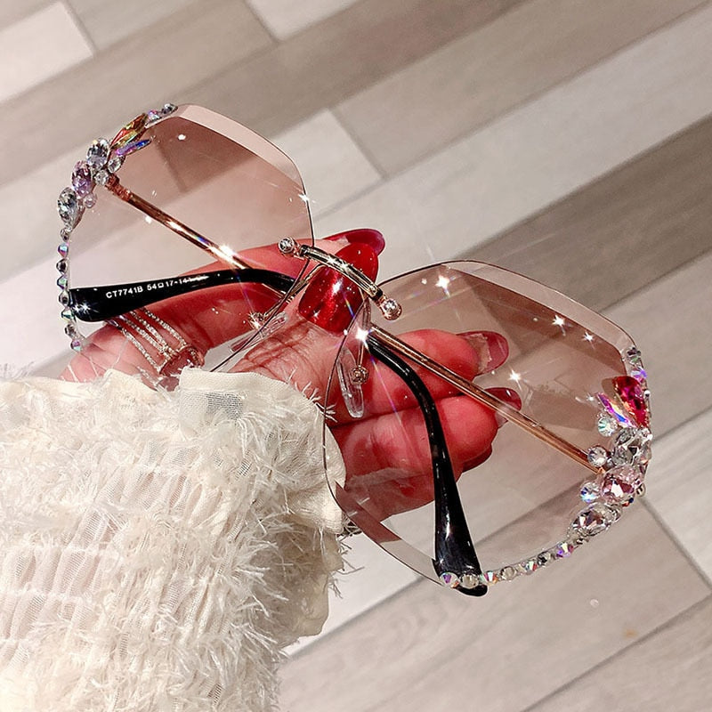 Rimless Gradient Lens Rhinestone Sunglasses